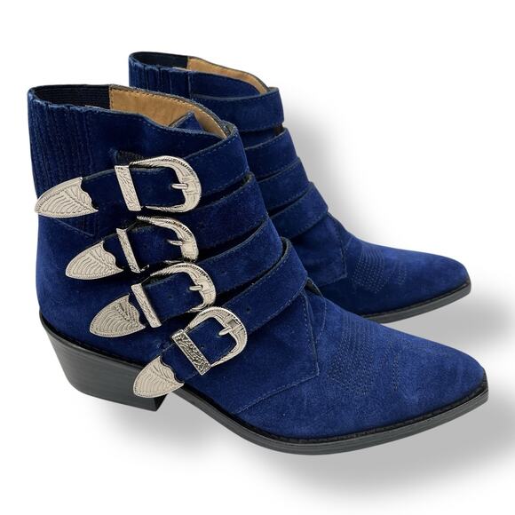 Toga Pulla Buckle Boots Western Boots Navy Blue Suede Ankle Boots 37 US 7